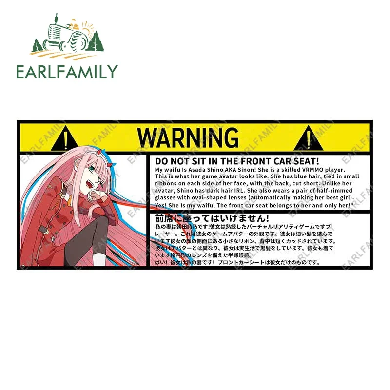 EARLFAMILY Car Sticker for Creative Zero Two Warning Slap Stickers Anime Vinyl JDM Window Caravan Racing Decal Car Accessories