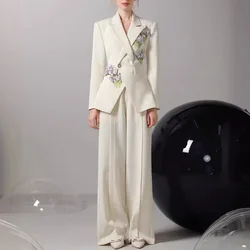 Off White Floral Women Pants Set 2 pezzi Blazer + pantaloni 3D Flower Formal Office Lady Prom Jacket Coat In Stock