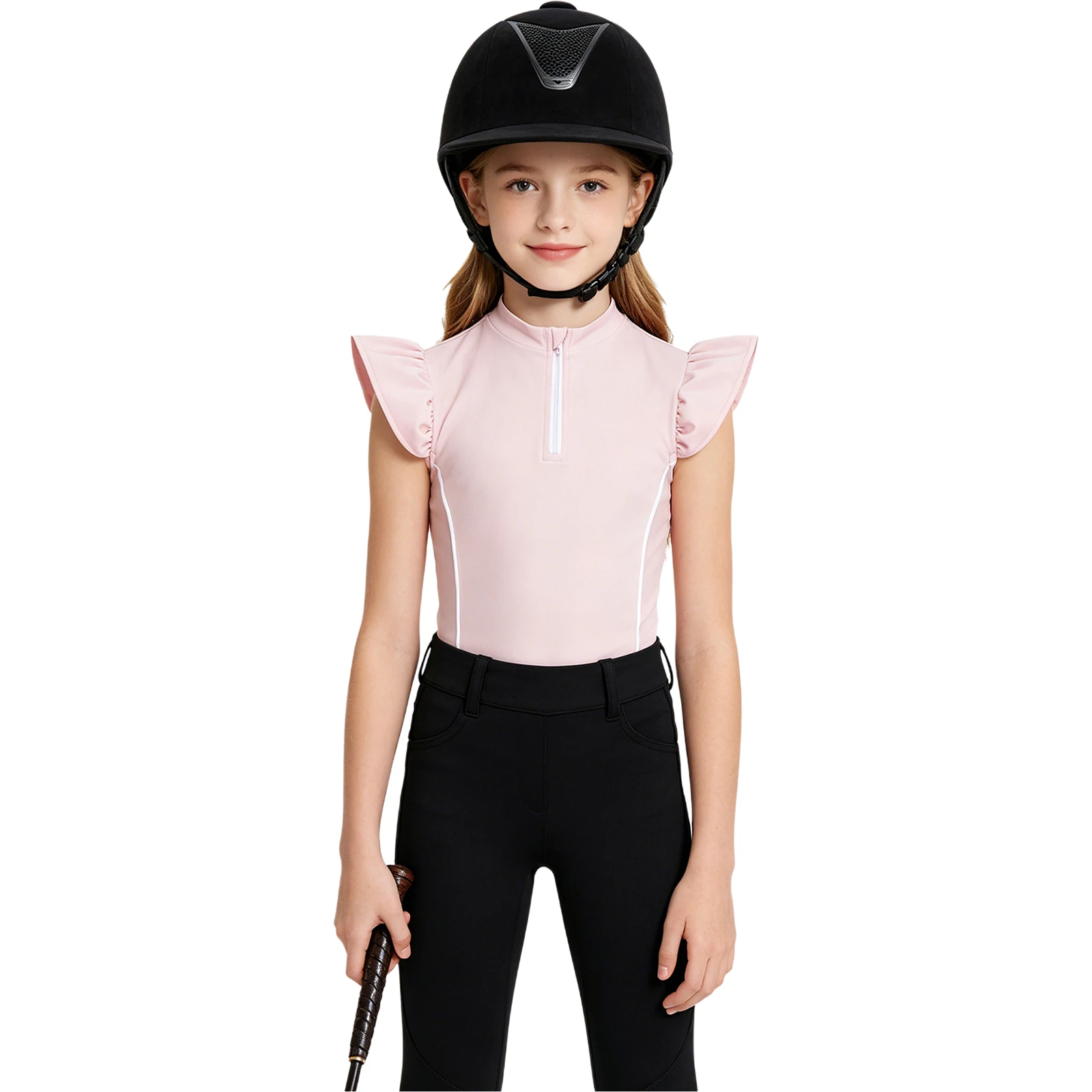 

Children Girls Sports Equestrian Shirt Quick Dry Ruffled Sleeves Half Zip Shirts Top Horsemanship Horse Riding Cycling Clothing