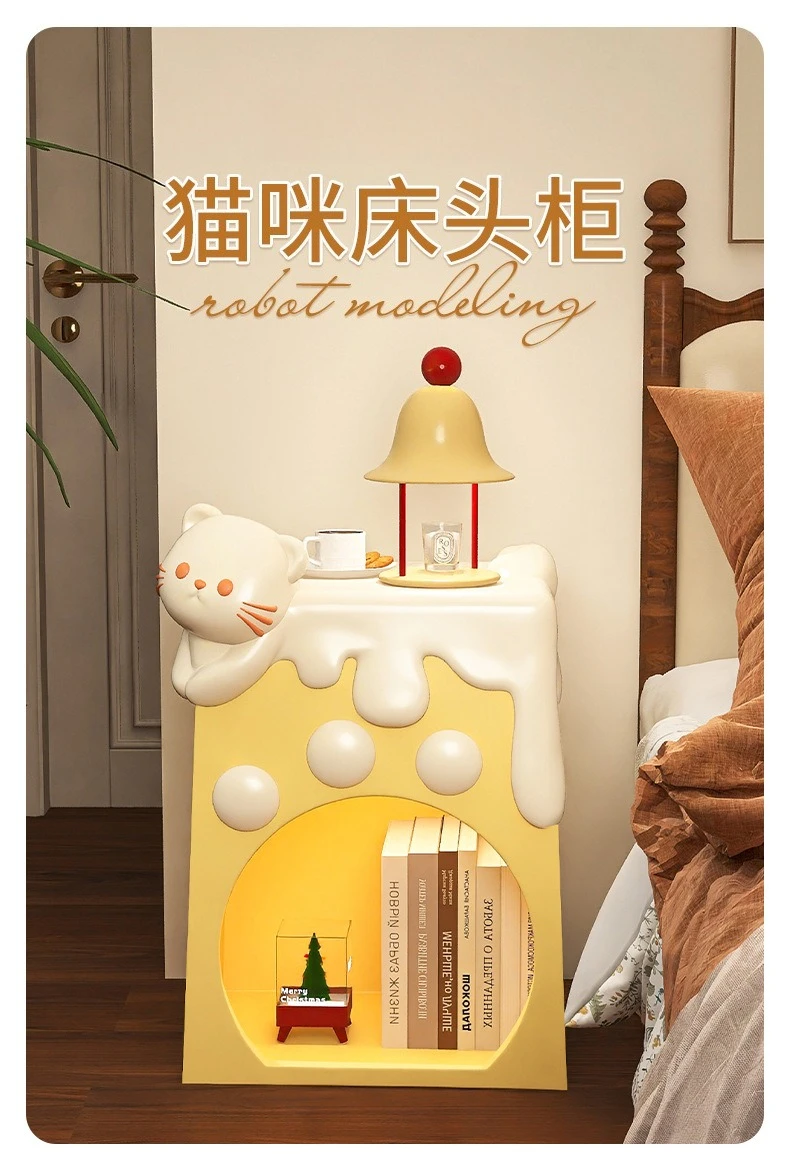 طاولة بجانب السرير على شكل قطة لطيفة، خزانة جانبية لغرفة النوم المنزلية، رف بجانب السرير لغرفة الأطفال برسوم كرتونية إبداعية