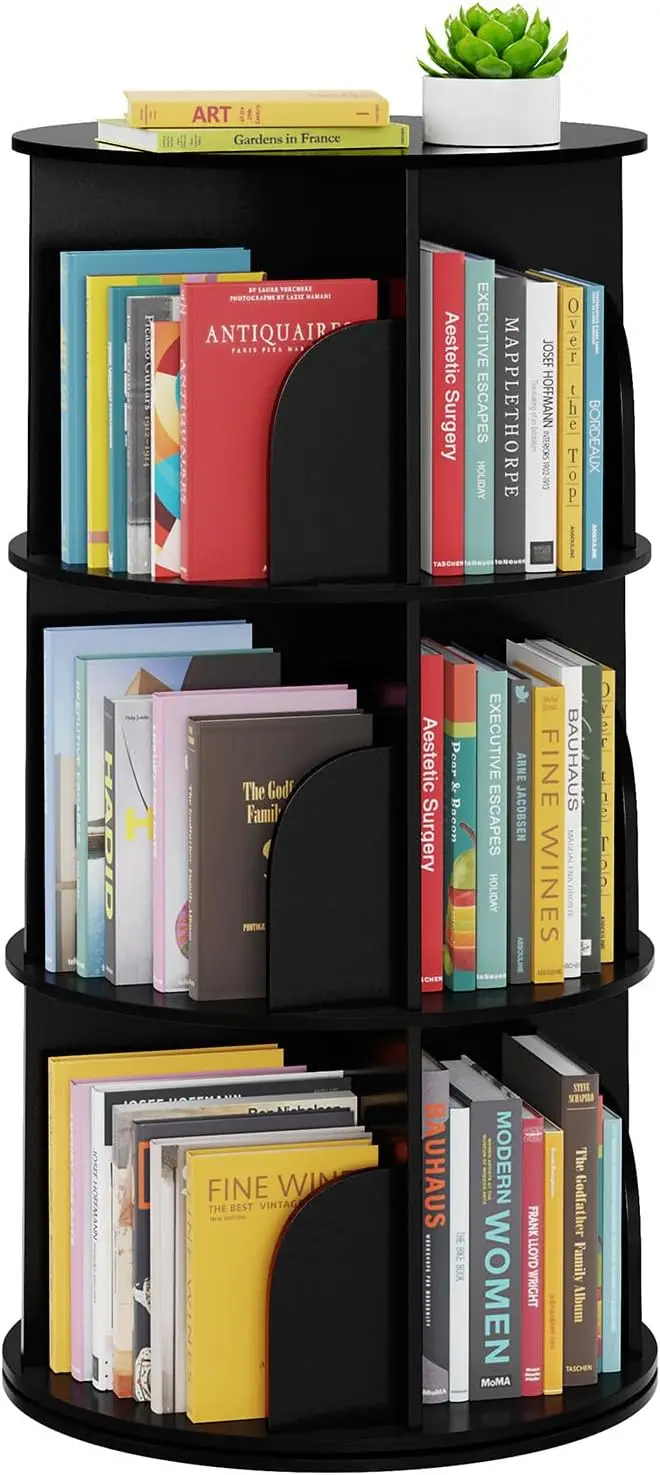 

3-Tier Rotating Bookshelf Tower, Spinning Bookcase Lazy Susan, Revolving 360 Storage Carousel for Compact Spaces