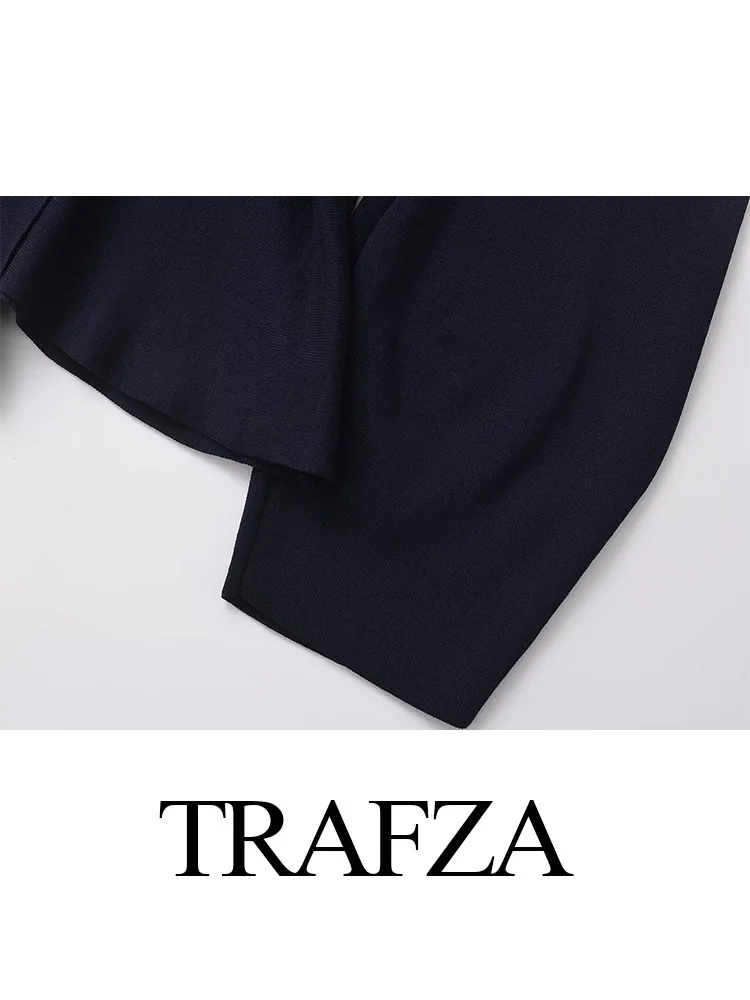 Trafza feminino outono elegante casacos azul marinho com decote em v mangas compridas com cinto ombreiras topos feminino casual malha cardigans mujer