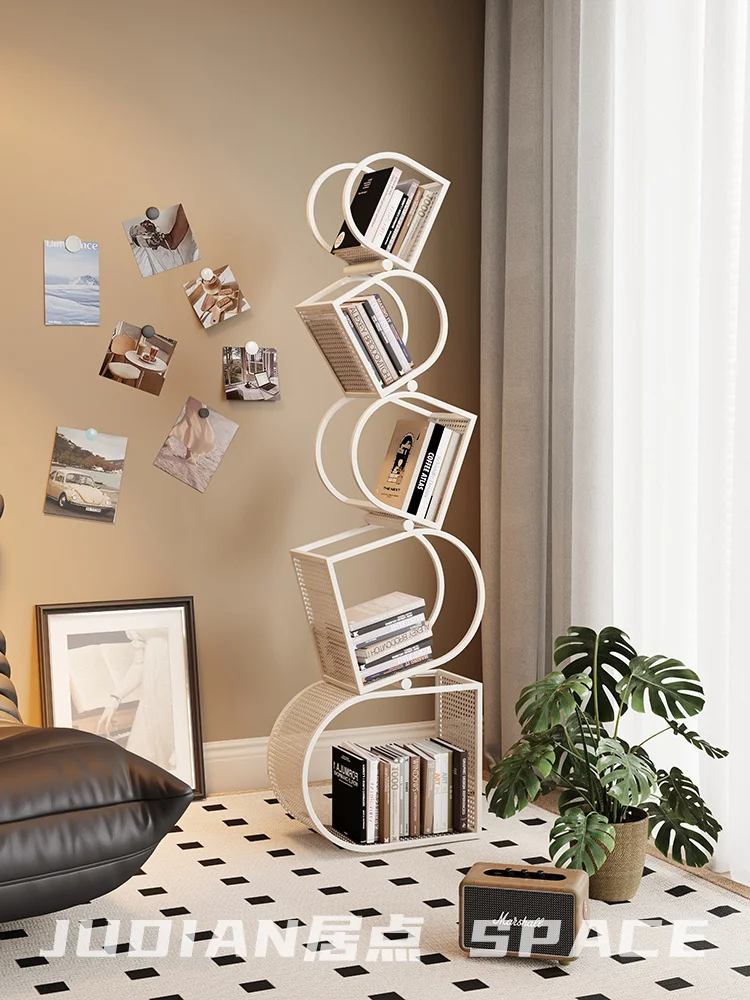 

Cream style bookshelf, creative wrought iron floor-to-ceiling multi-layer shelves, home living room display bookcase