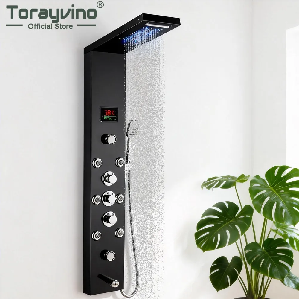Torayvino LED Light Shower Panel Waterfall Rain Digital Display Shower Faucet Set Bathroom accessories Column Mixer Tap Tower