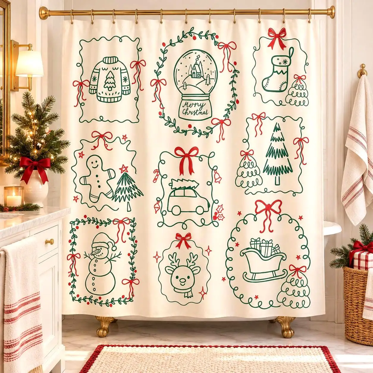 Cute Christmas Shower Curtain Holiday Bathroom Decor Festive Xmas Gingerbread Man Snowman Set
