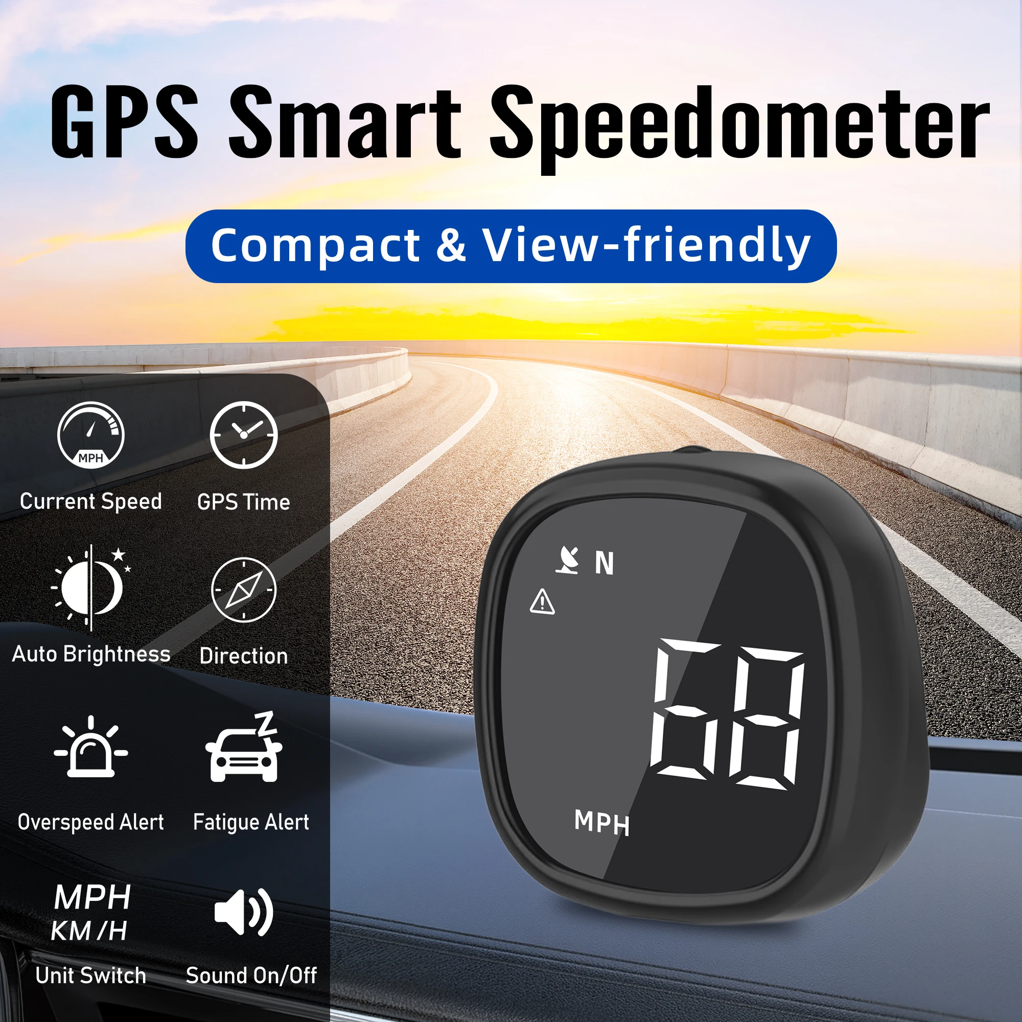Real-Time GPS Speedometer for Vehicles, KM/H & MPH Display, Compass, Auto Brightness, Overspeed and Fatigue Driving Alerts