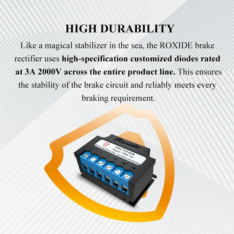 TYPE: PM-12 RECTIFIER, designed for motor brake systems, has an input voltage of AC 200-220V and an output voltage of DC 90-99V