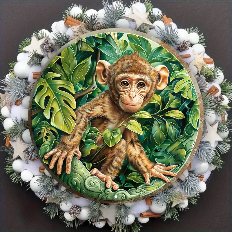 Aluminum Metal Monkey and Foliage Wreath Sign, Pre-Drilled, UV Resistant, Jungle Themed, Indoor and Outdoor Decor