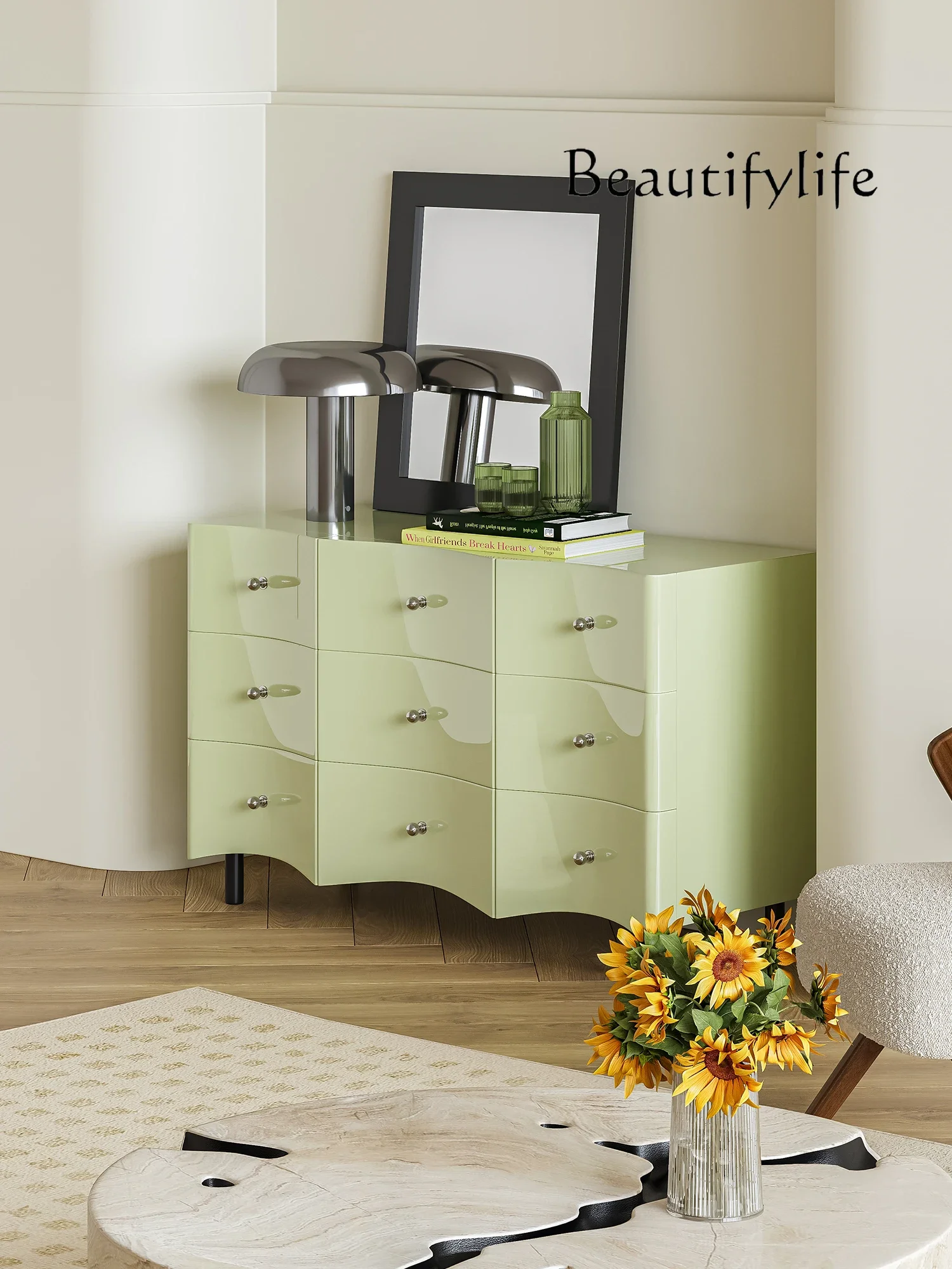 Nordic cream style matcha color nine chest cabinet simple living room cabinet