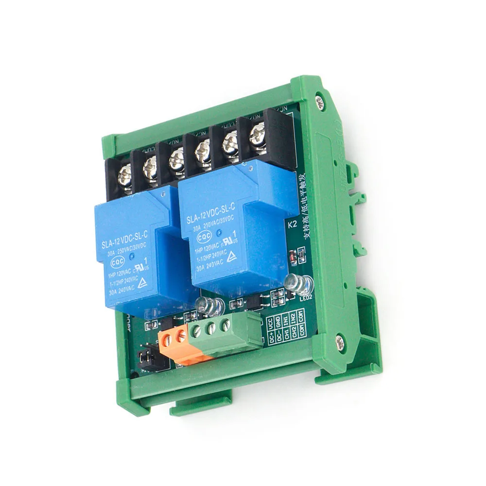 5V 12V 24V 2 Channel Relay Module 30A with Optocoupler Isolation High and Low Level Trigger for Smart Home PLC with Guide Rail