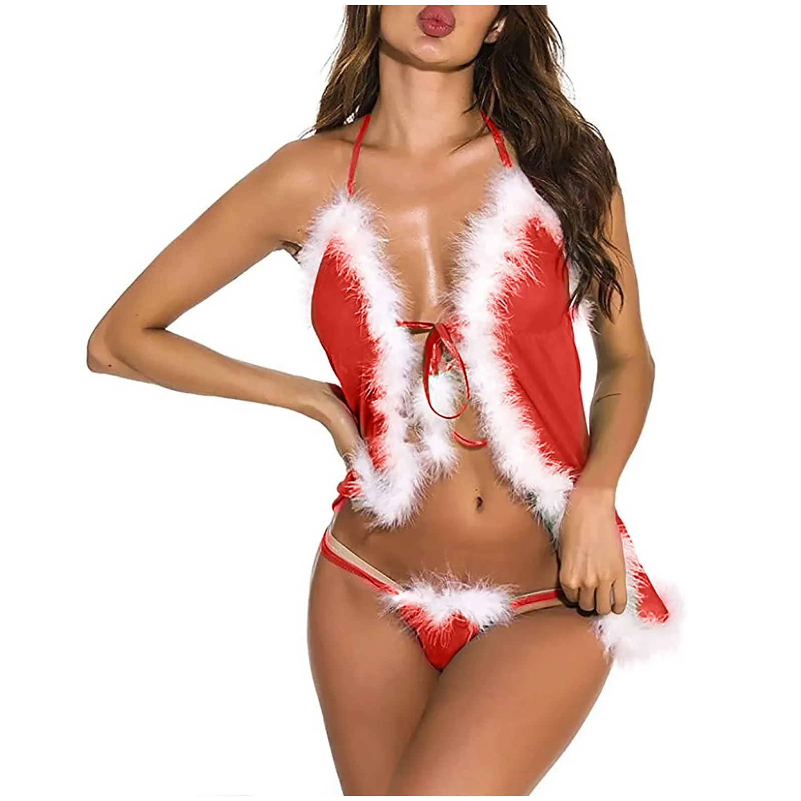 

Womens Two-Piece Christmas Lingerie Set Faux Fur Trim Mesh Role Play Outfit Nightwear Lace-Up Bra Top With G-String Mini Skirt