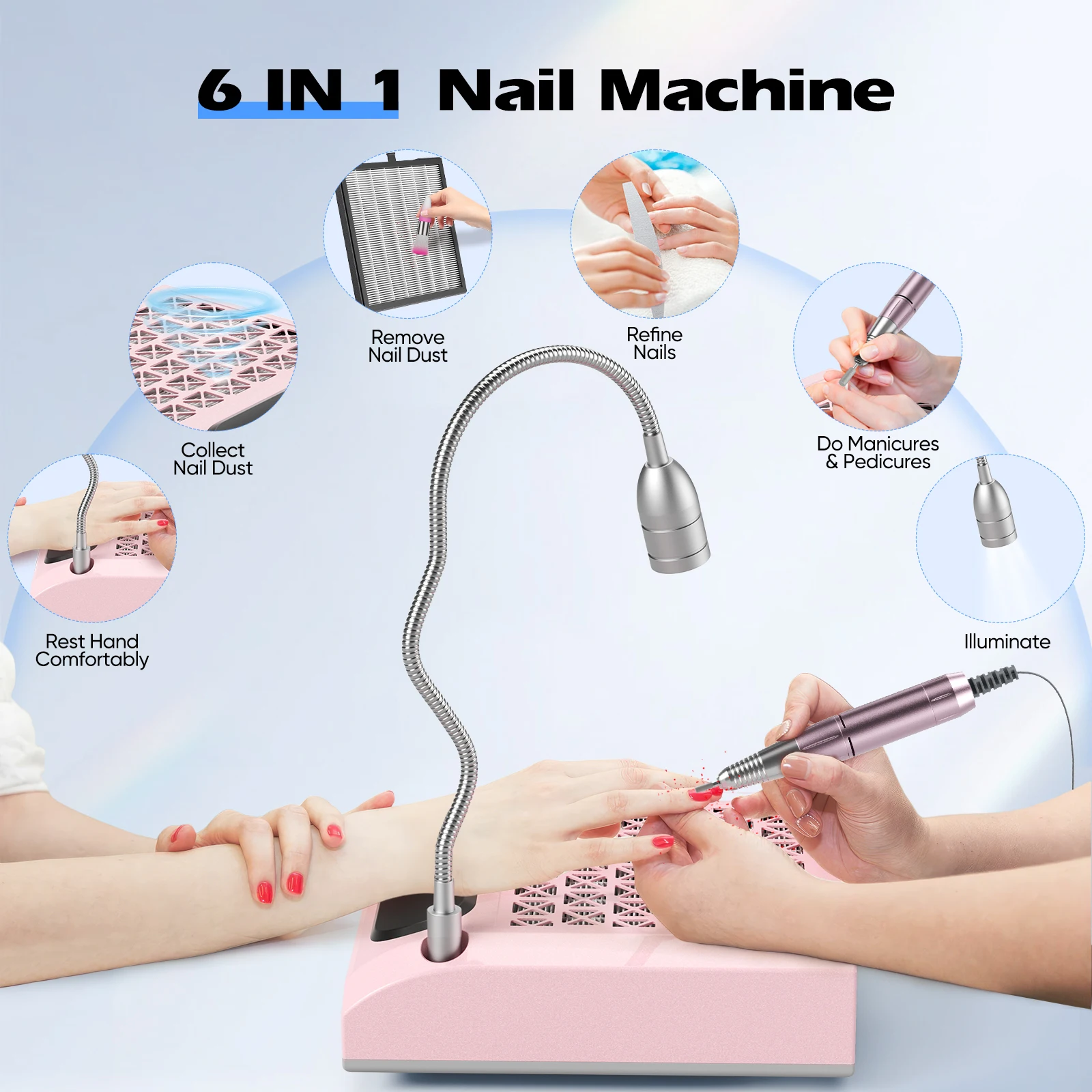 Machine à ongles professionnelle 30000 tr/min, polisseuse à ongles, collecteur de poussière 80W, lumière LED rotative 6W, DIY ongles 360 °   LED, pour salons de manucure, instituts de beauté, usage domestique, ABS avec 3 fichiers