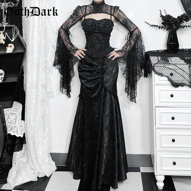 Goth Dark Elegant Fashion Party Gown High Waist Lace Stitch Mermaid Skirt Female Sexy Pleated Bodycon Skirts Gothic Streetwear