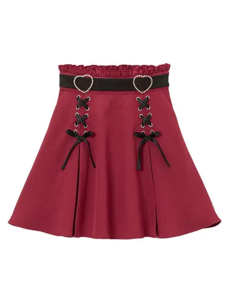 2026 Y2k Aesthetic Harajuku Style Skirt Sweet Girl High Waist Mini Bandage Lolita Skirts Womens Solid Streetwear Gothic Jk Saia