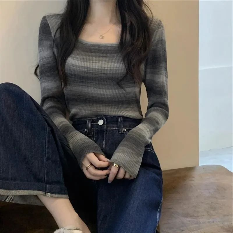 

Y2K Korean Series Women Slim Fit Inner Wear Long Sleeve Bottoming Shirt Square Collar Knitted Top Early Autumn Clothes New