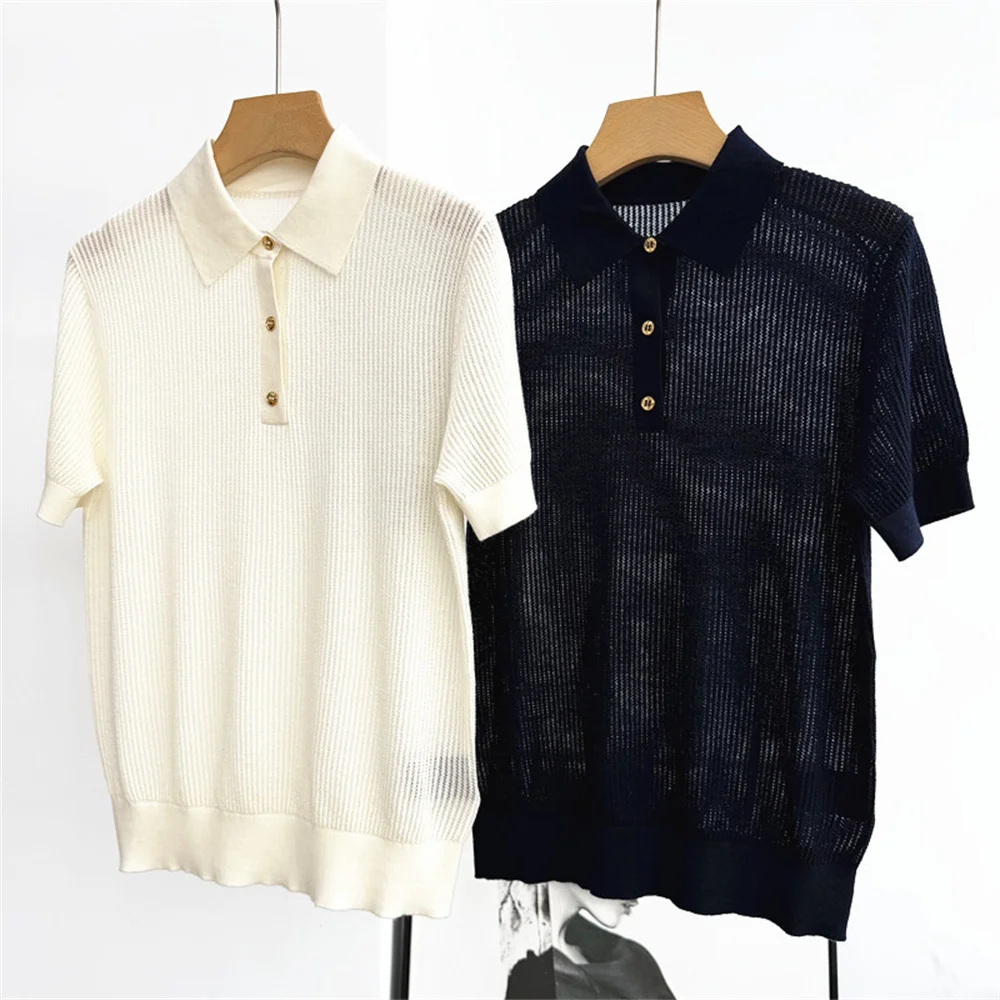 26 Summer Women's Lapel Pullover Short-Sleeved Hollow Sweater Thin Top