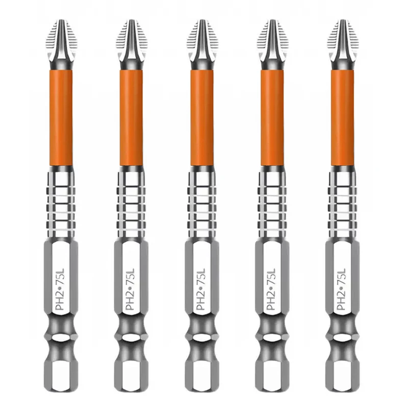 5Pcs Phillips Screwdriver Bit Set， 50mm 75mm 90mm PH2 Magnetic 1/4