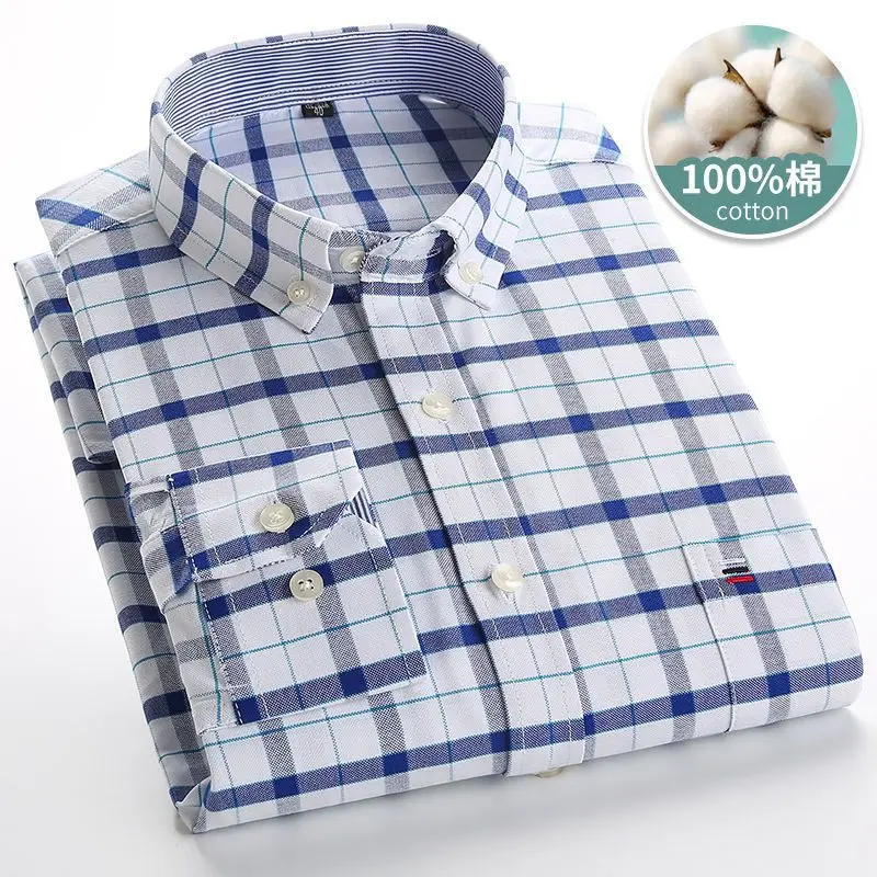 Men\'s Oxford cotton shirt with plaid stripes, long sleeved pockets, casual shirt, regular style, button up shirt size S~7XL