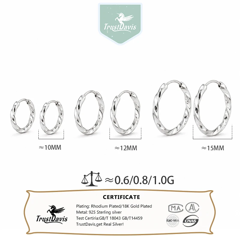 TrustDavis Real 925 Sterling Silver Simple and Classic Twisted Braided Earrings for Women Daily Wear Jewelry Gift DS4966