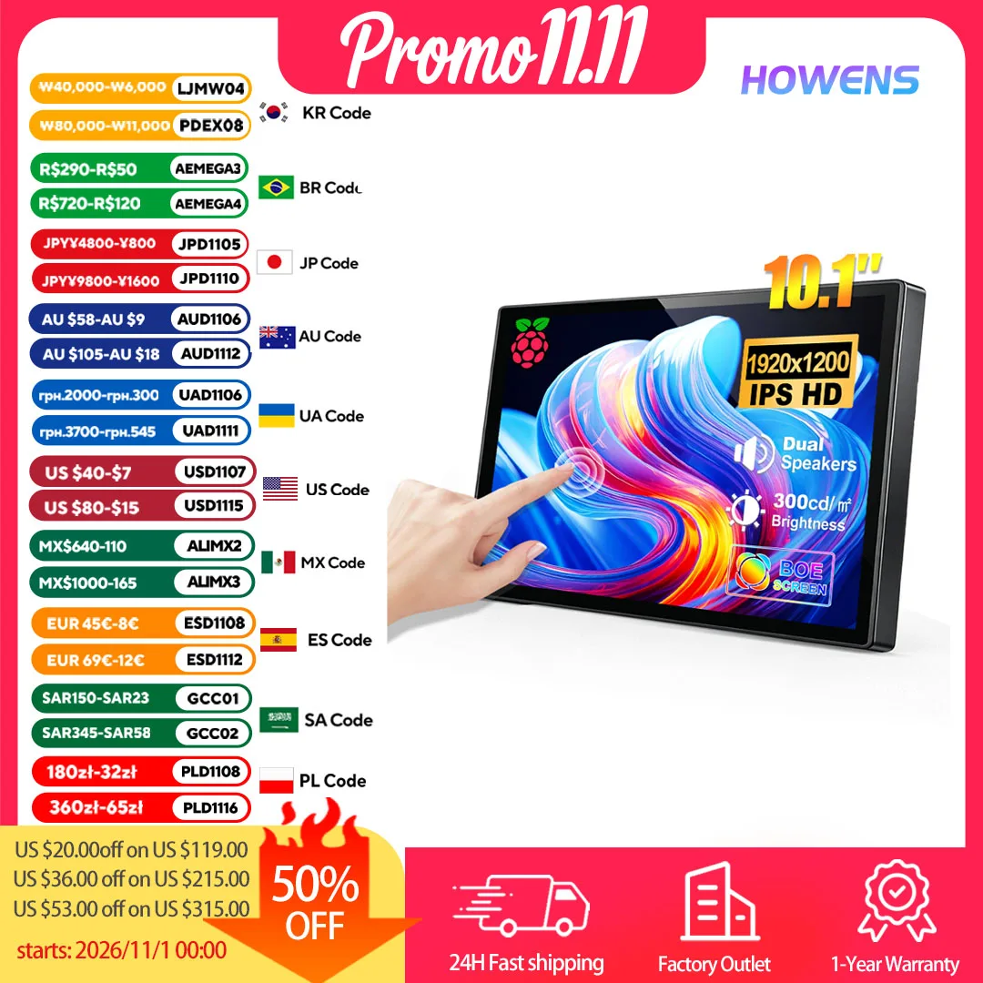 10.1 inch Portable Monitor for Raspberry Pi 3 Pi4 Pi5 Touch Screen 1920x1200 FHD HDMI Type C PC Laptop LCD IPS Display With Case