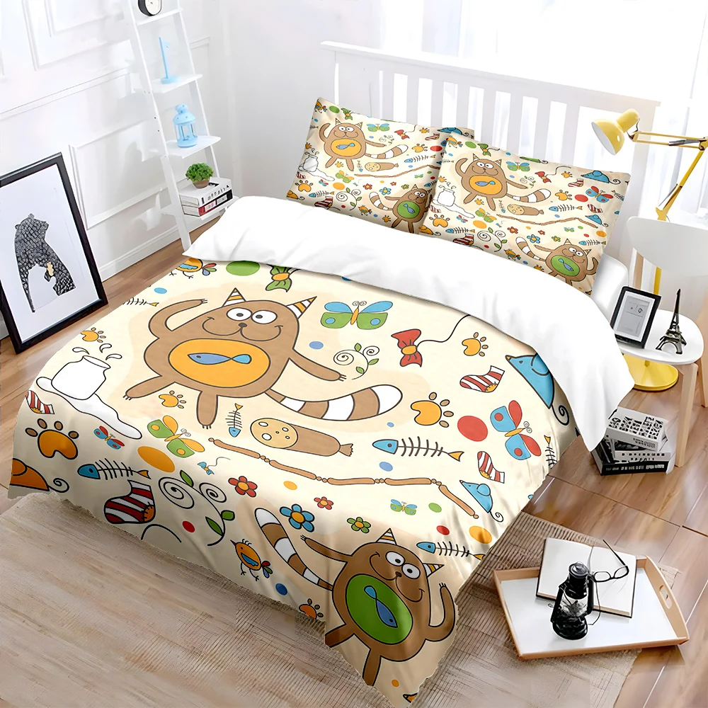 Bettwäsche-Set mit Cartoon-Katzen und verspielten Elementen als Hintergrund, 1 Bettbezug, 2 Kissenbezüge für Erwachsene und Kinder, Luxus-Geschenk, volle Größe