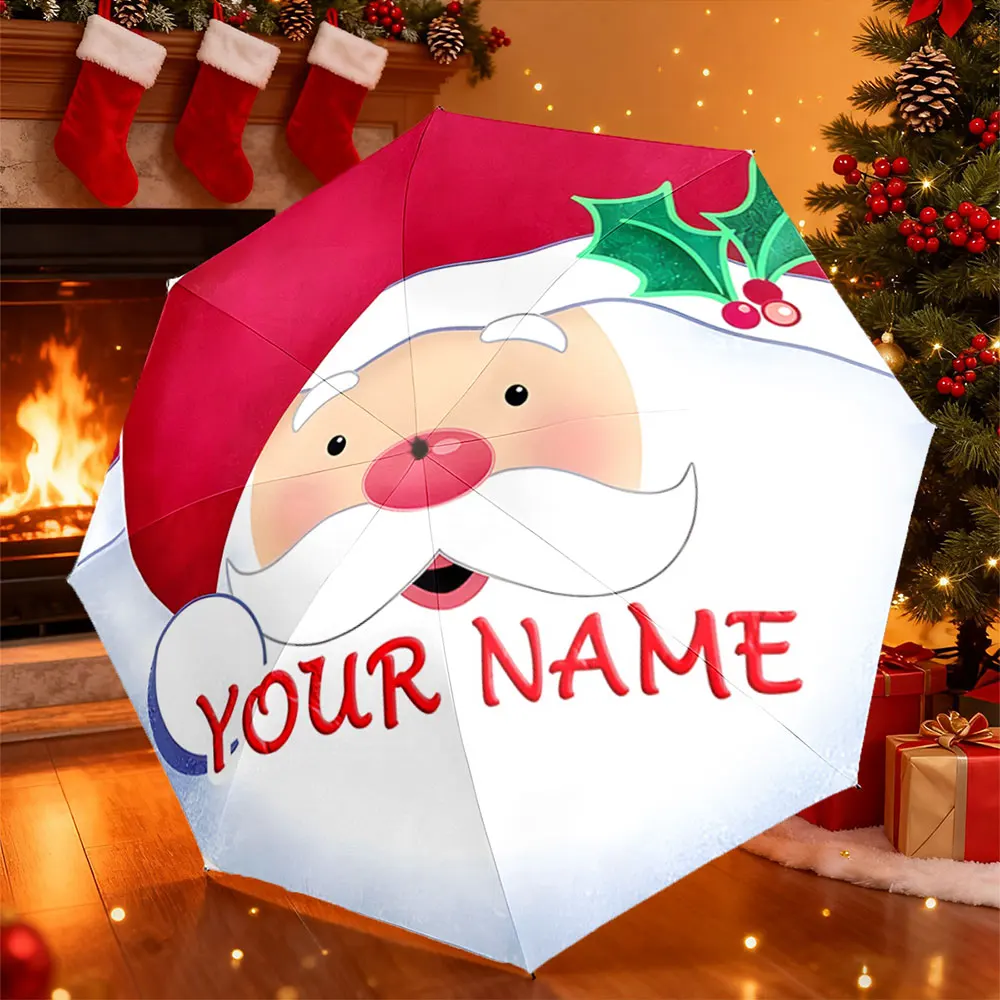 Custom Name Umbrella， Personalized Santa Claus Umbrella with Red Hat & Holly Design ,Portable Folding Umbrella, Christmas Gift