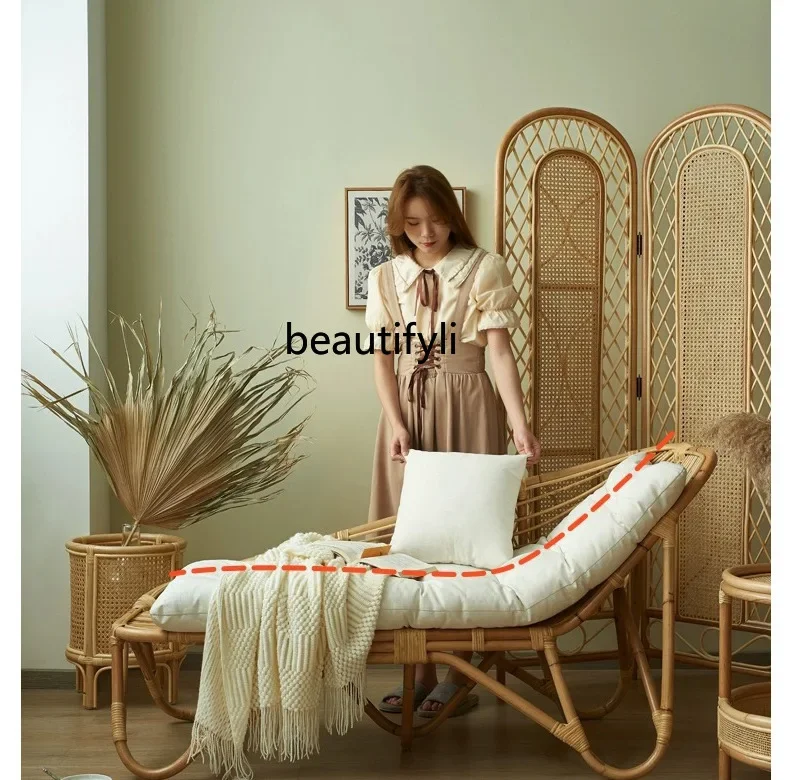 Vintage Nap Lounge Chair Natural Real Rattan Home Balcony Leisure Simple Sleeping Chair Sunbathing Lazy Sofa Chaise Lounge Chair