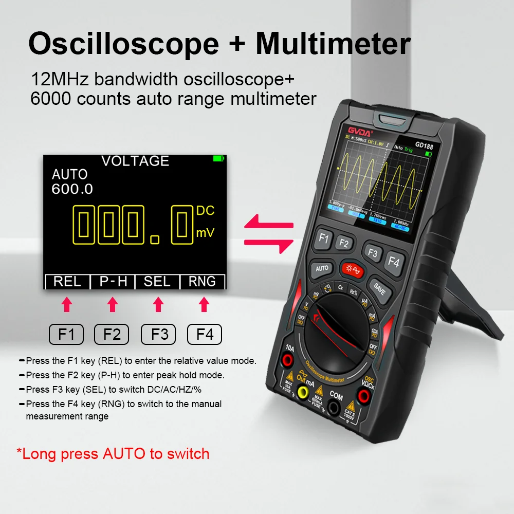 GVDA 3 in 1 Digital Oscilloscope 12MHz Analog Bandwidth 6000 Counts Smart Multimeter Rechargeable Multimetro Signal Source