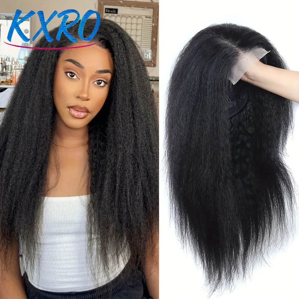 Perruques sans colle en cheveux humains brésiliens vierges, texture Kinky Straight et Yaki Straight, densité 250%, avec frontal en dentelle HD transparente 13x4, pour femmes