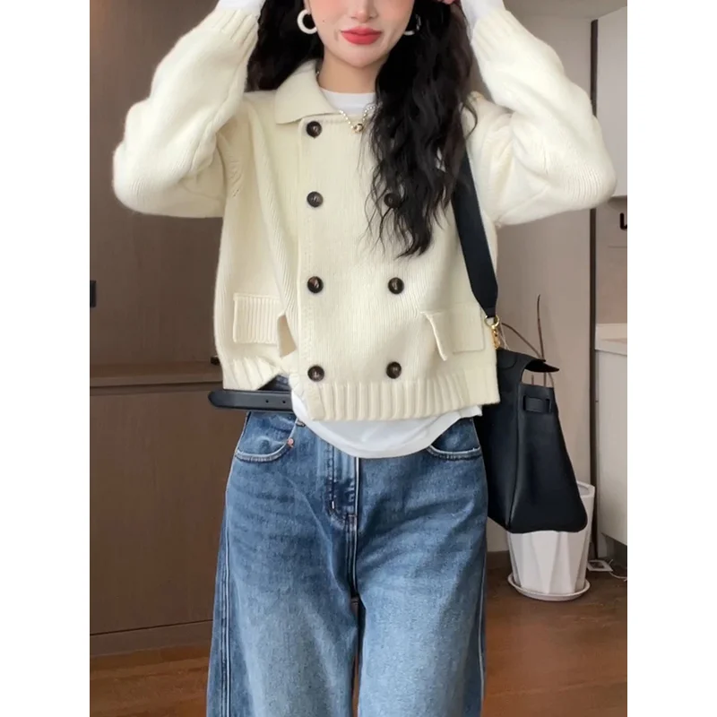 White Knit Cardigan Women Winter New Thick Turn Down Collar Double Breasted Coat Fashion