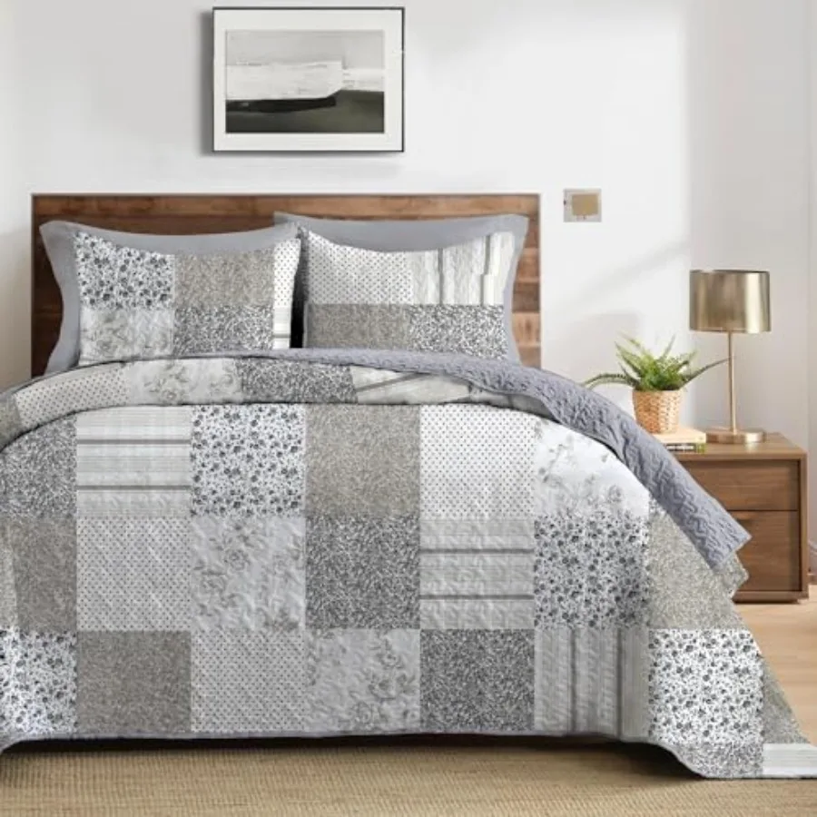 

3-Piece Queen Quilt Set, Lightweight Soft Full Size Quilt Plaid Patchwork Farmhouse Bedspread Coverlet Spring Bedding Set with