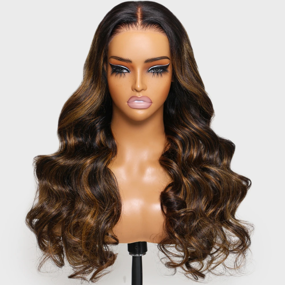 UNICE Haar Balayage Hoogtepunt Body Wave Pruik 7x5 Voorgesneden Voorgebleekte Lijmloze Pruik Echt haar Klaar om te dragen Go 150% Dichtheid