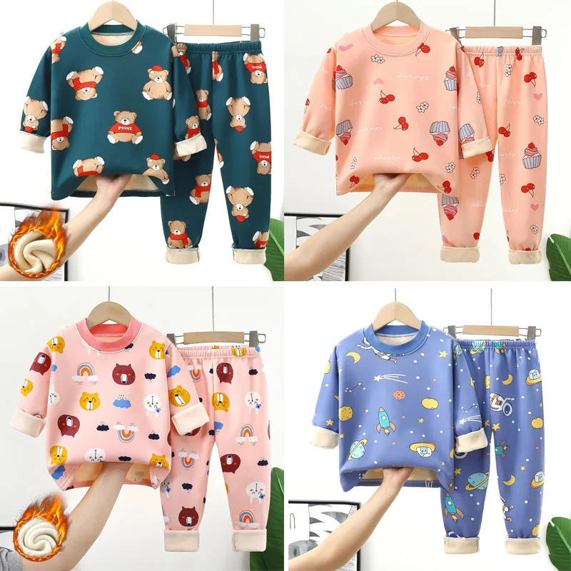 Kids Fleece Pajama Sets Autumn Winter Teen Plus Velvets Warm Clothing Suits Boys Girls Fashion Print Pullover+Pants 2Pcs Outfits