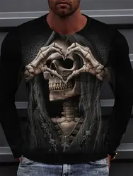 Skull Reaper Print Men's Halloween Long Sleeve T-shirt Fall Everyday Casual Men's Top Outdoor Street Fashion Men's Long Sleeve