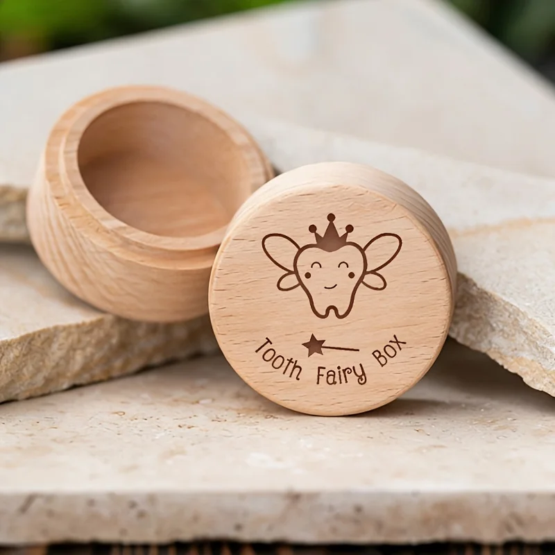 2D Wooden Baby Tooth Storage Box with Wing And Crown Pattern Children's Teeth Collection Box Newborn Gift