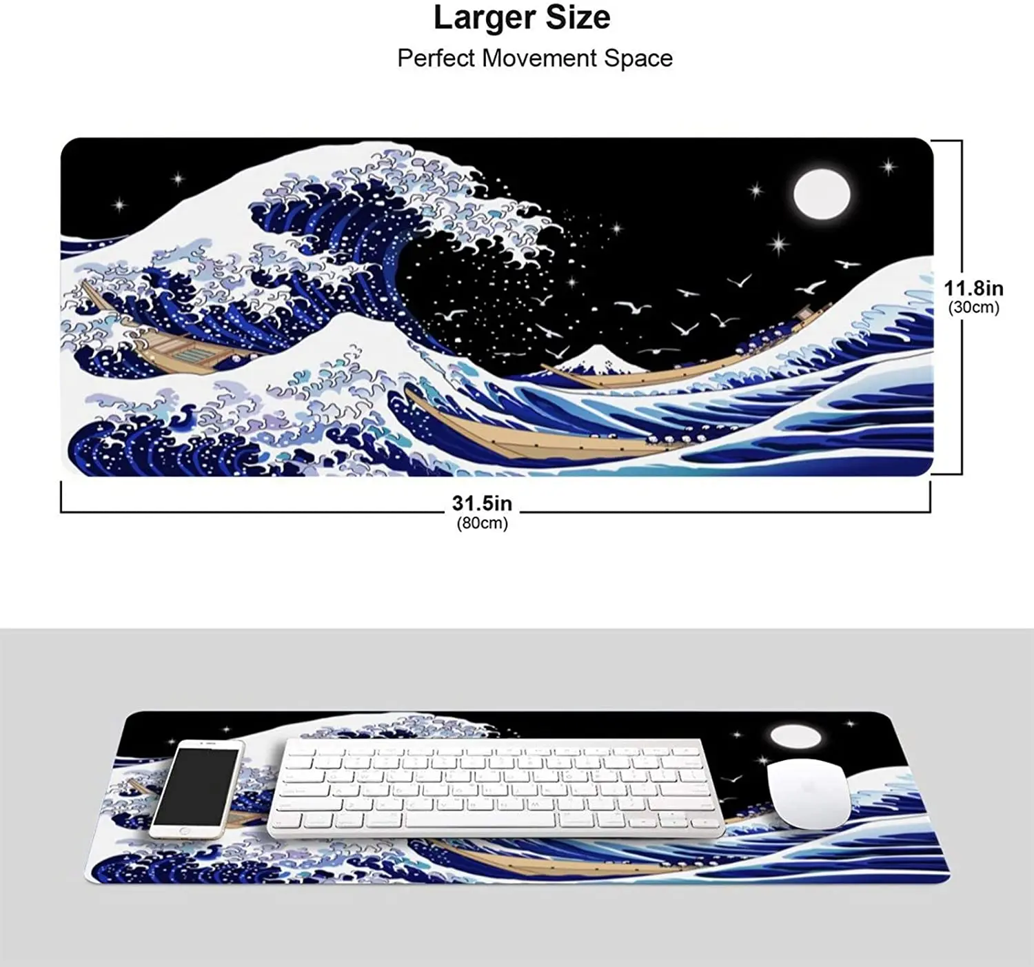 Gaming Large Mouse Pad XXL  Big Desk Pads Pc Keyboard  Non-Slip 31.5 X 11.8 Inch 3mm Thick Rubber Table Surfing and Black Wave