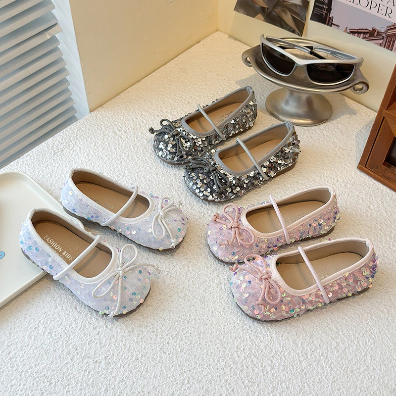 

Girl's Ballet Flats Autumn Sparkly Elastic Band Shallow Kids Flat Shoes Round Toe Graceful Party Dance Slip-on Children Shoe
