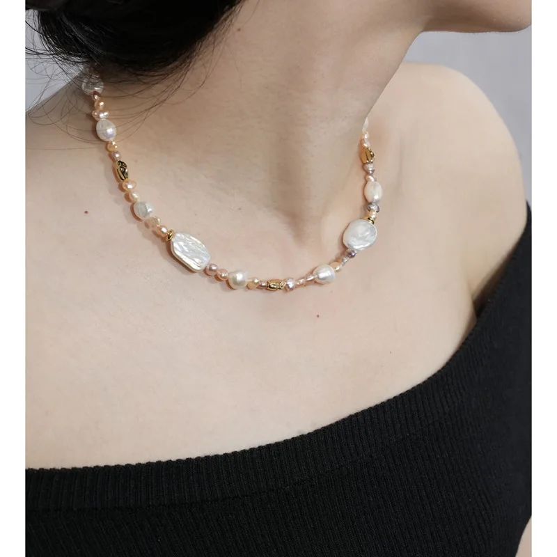 Russia Style Retro Pink Natural Baroque Shaped Pearl Necklace for Women Splicing Short Clavicle Chain Gentle Neck Jewelry