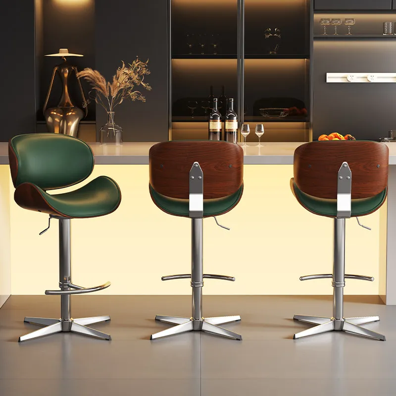 

Modern Genuine Leather Bar Stool, Adjustable Swivel Bar Chair with Wood Backrest for Kitchen Counter Home Bar
