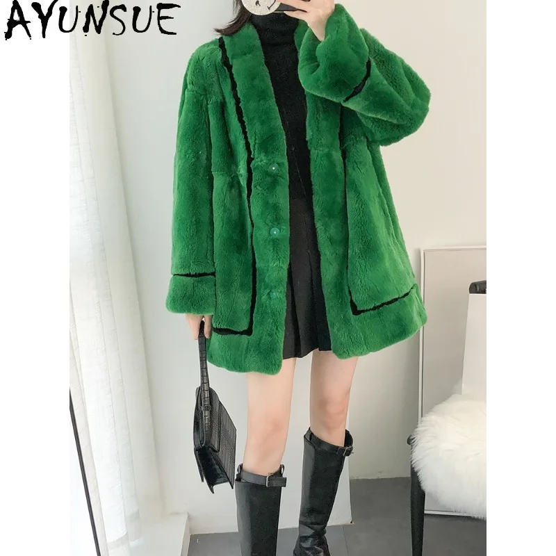 

AYUNSUE Rex Rabbit Fur Coat Woman Luxury 2025 Winter Coats for Woman Mid Length Fur Jacket Women' S Clothes Good Quality Шуба
