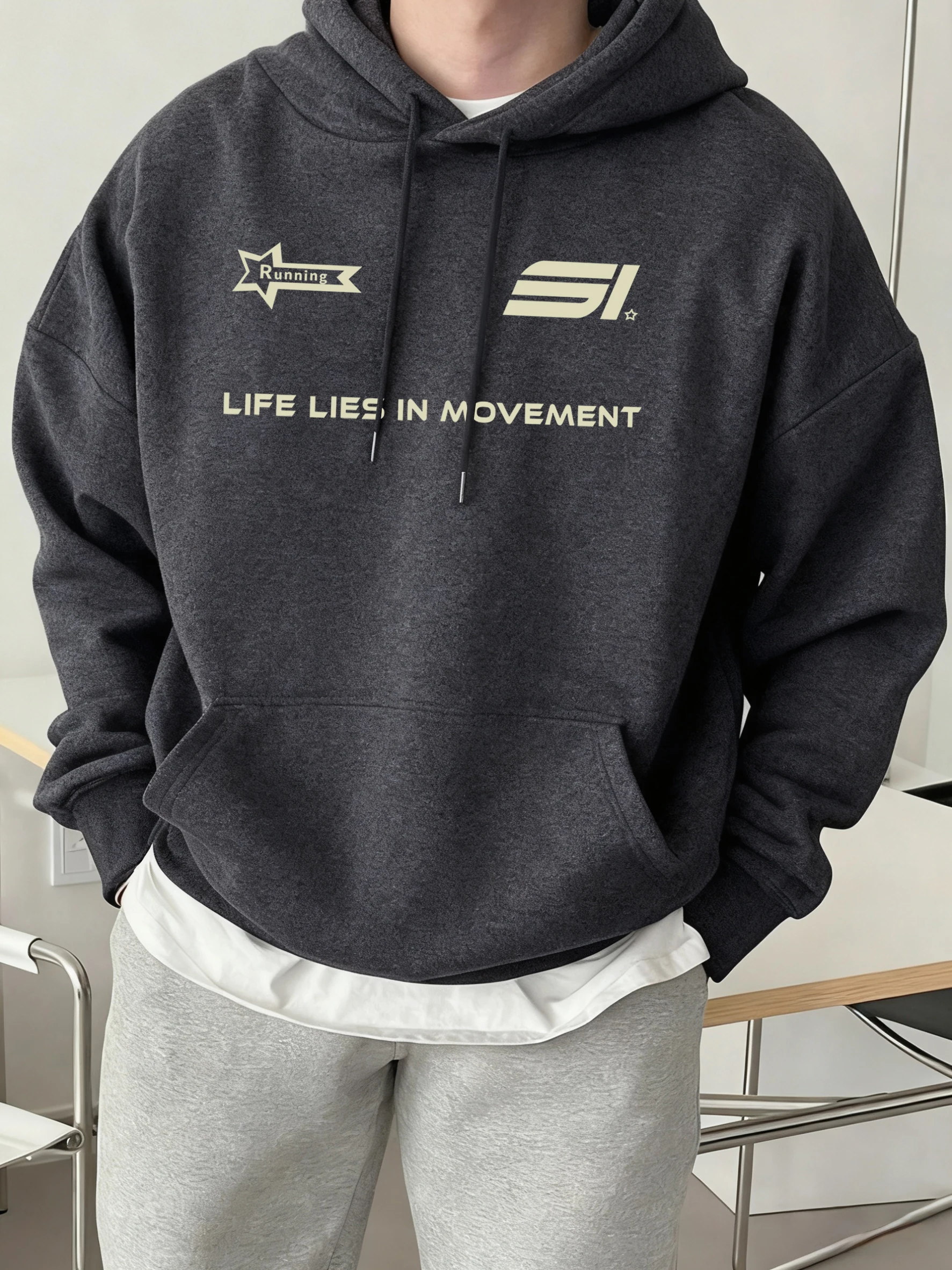 Life Lies In Movement Print Commute Hoodies Men Trendy Pocket Sweatshirts All-Match Fleece Streetwear Autumn Comfortable Clothes