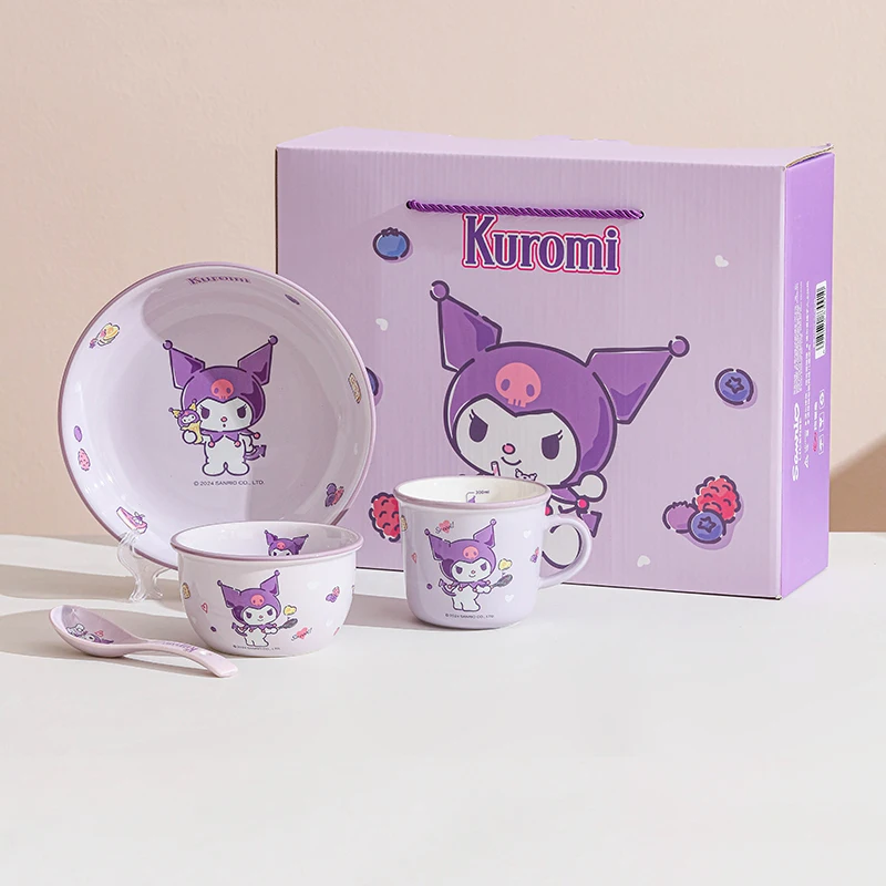4Pcs Cartoon Sanrio Hello Kitty My Melody Cinnamoroll Kuromi Ceramics Plates Dinnerware Box Set Pretty Cutlery Childen Gift