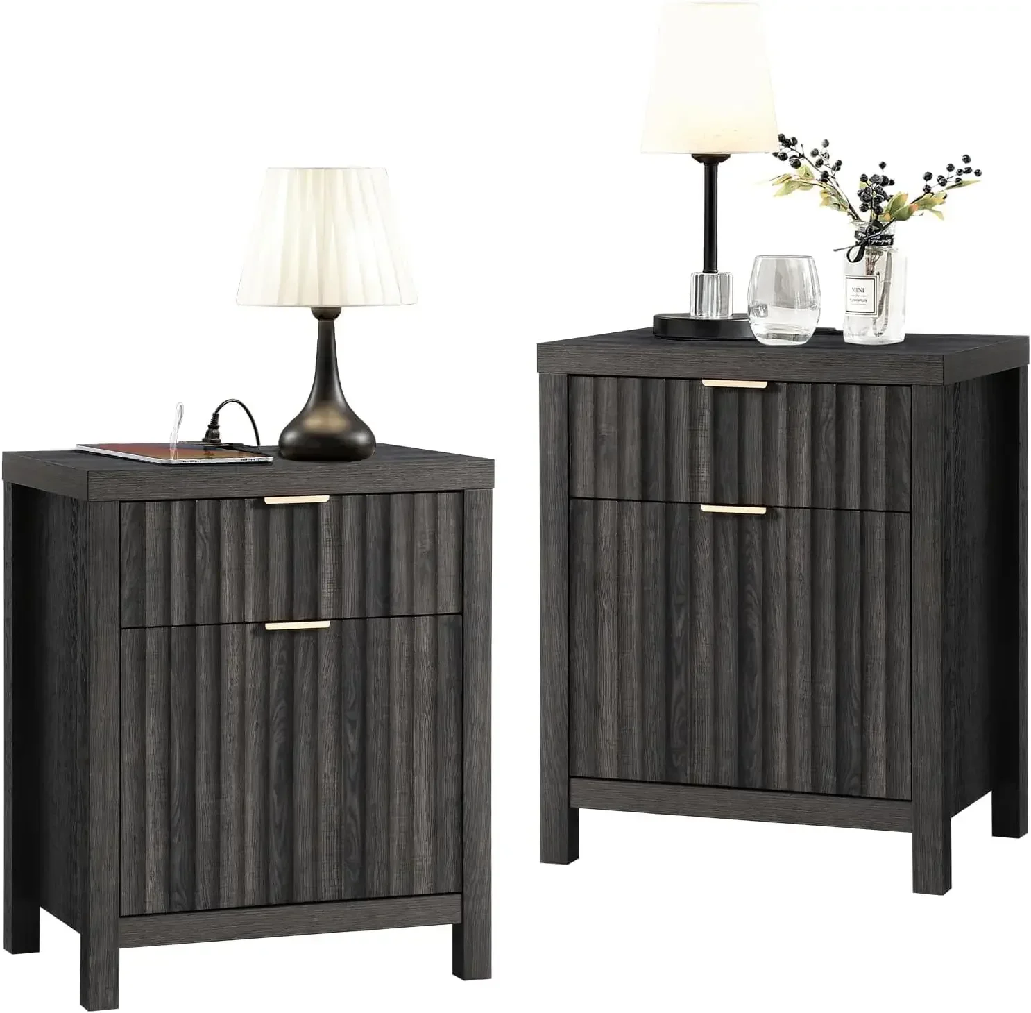 2 Drawer Nightstand,End Table with Charging Station, Night Stand with Fluted Panel,Farmhouse Sofa/Bed Side Table Set of 2