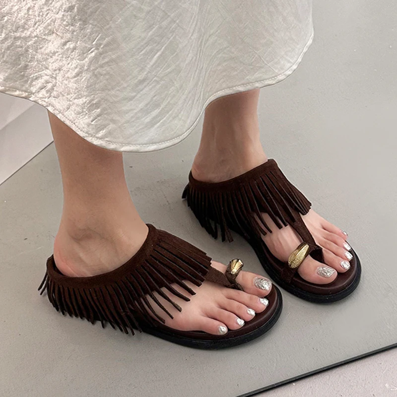 Fringe Slippers Women Clip Toe Sandals Flats Shoes Designer Summer New Beach Shoes 2026 Comfort Flip Flops Casual Sport Slides