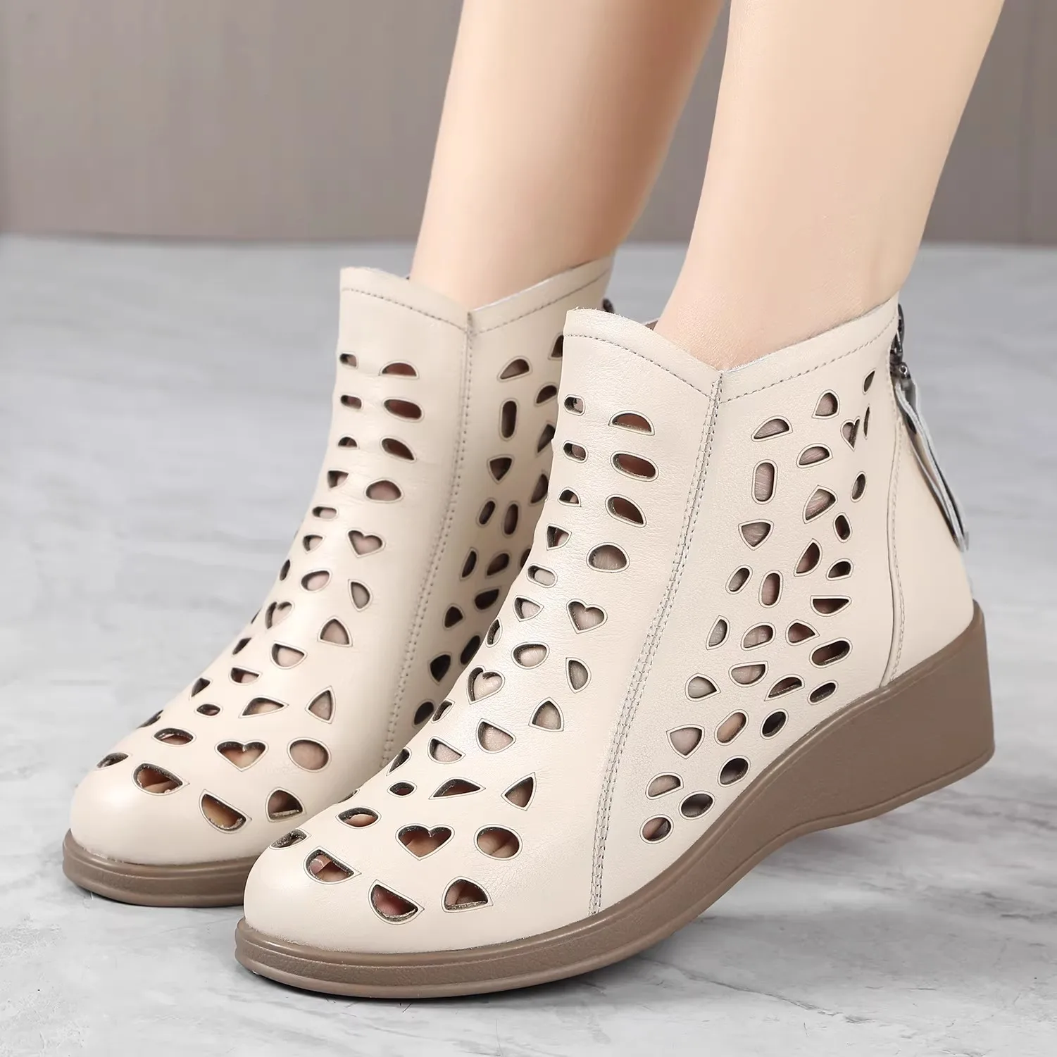 

GKTINOO Wedges Heel Genuine Leather Summer Sandals Breathable Hollow Ankle Boots Soft Non-slip Comfortable Sandalias De Mujer