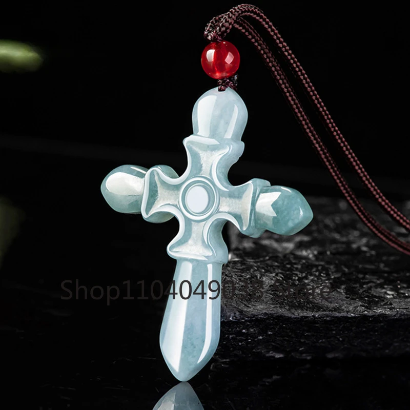 Natural A-goods Jadeite Blue Water Cross Jade Pendant Hand-carved Exquisite Men and Women Lucky Amulet Necklace Holiday Gifts