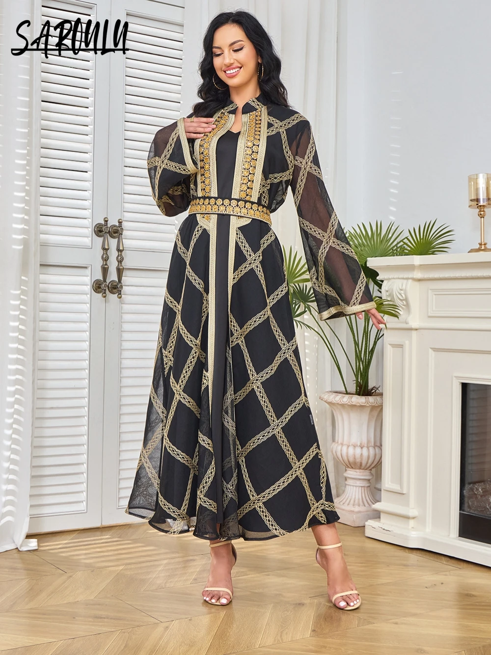 Black Arab Embroidery Women Evening Dress Two Pieces Elegant Party Customized Dubai Robe Kaftan Special Occasions In Stock