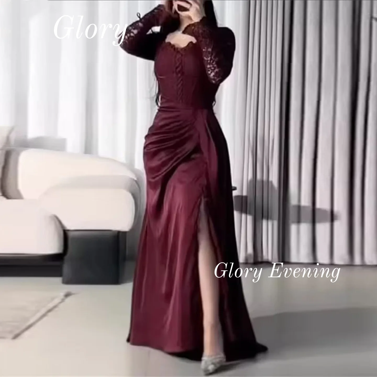 Sukienka wieczorowa z długim rękawem, czerwona, z plisami, wysokie rozcięcie z boku, sukienki na studniówkę, wysokie rozcięcie z boku, sukienki na formalne okazje, sukienki ślubne 2026