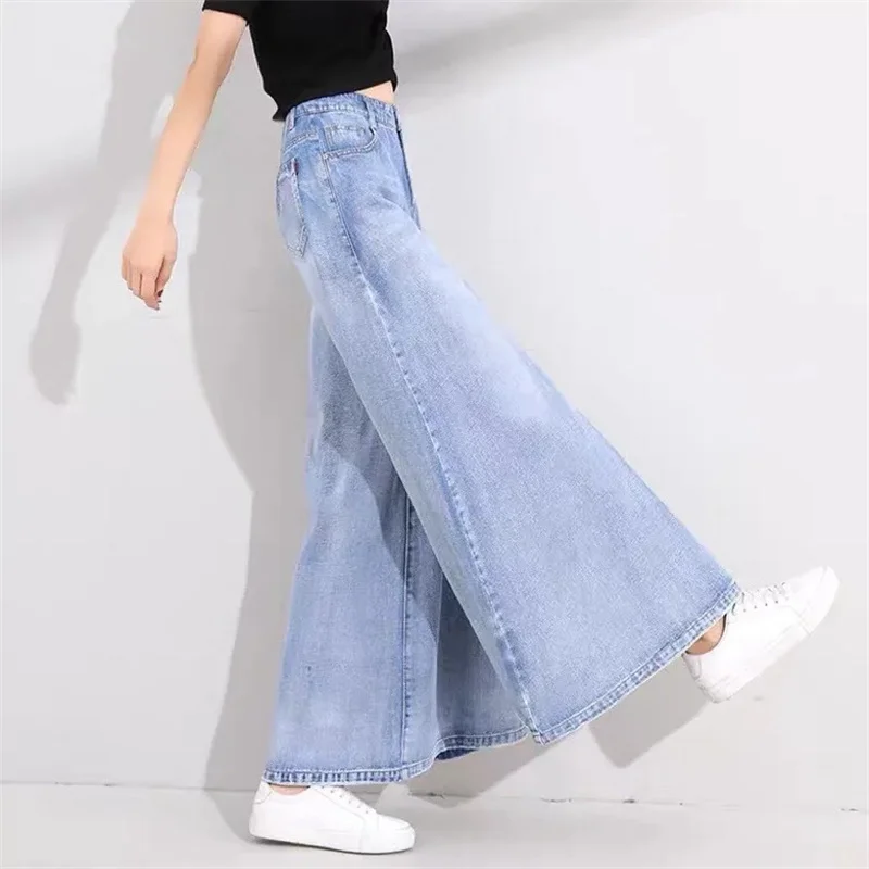 2025 Lady High Waist Denim Pants Skirt Korean Femme Wide Leg Cowboy Trousers Spring Autumn Women New Large Size 6XL Loose Jeans
