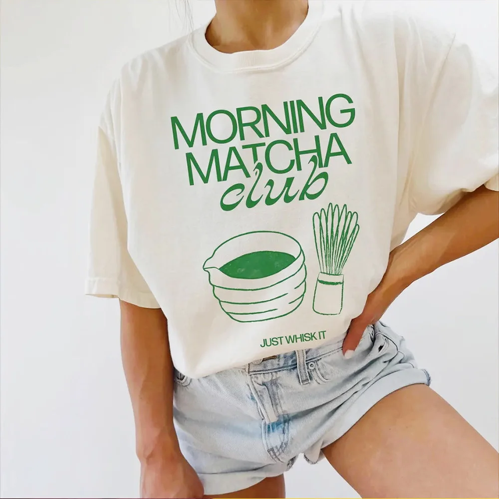 Morning Matcha Club Printing Unisex Graphic Tees Short Sleeve Loose Cotton Tops Crewneck Causal Simple T Shirts Female Clothing